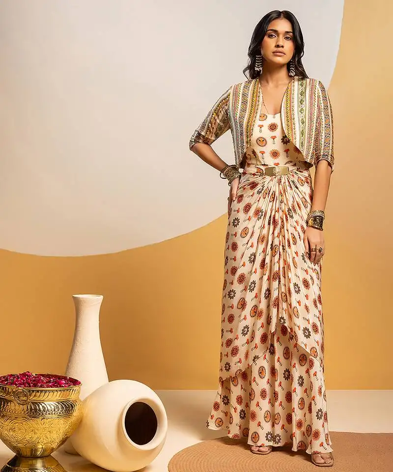 Off white floral printed crepe dress with jacket