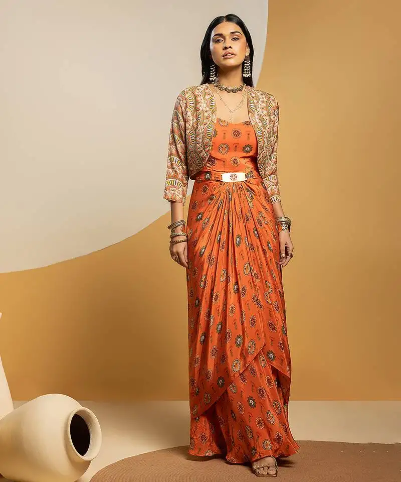 Rust floral printed crepe dress with jacket