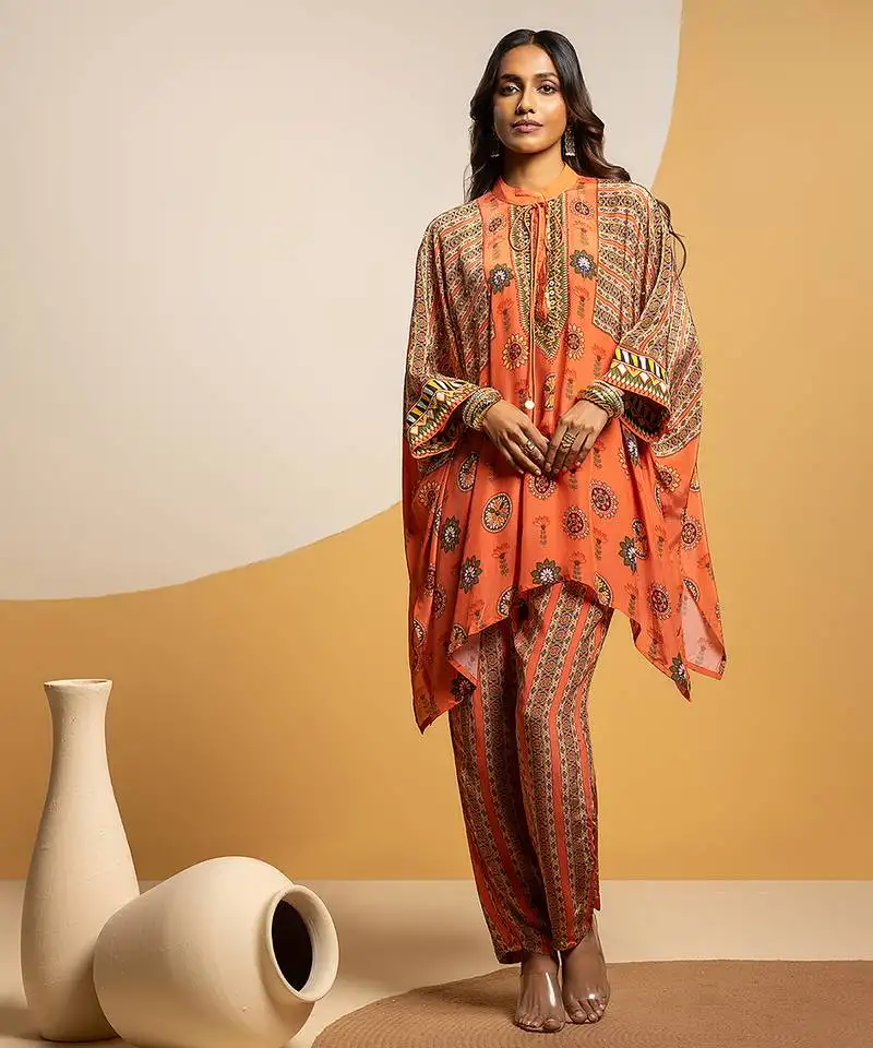 Rust floral printed crepe kurta set