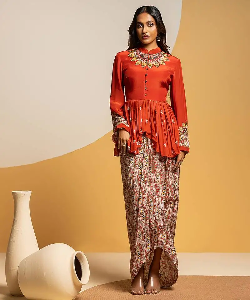 Rust floral printed crepe co ord set