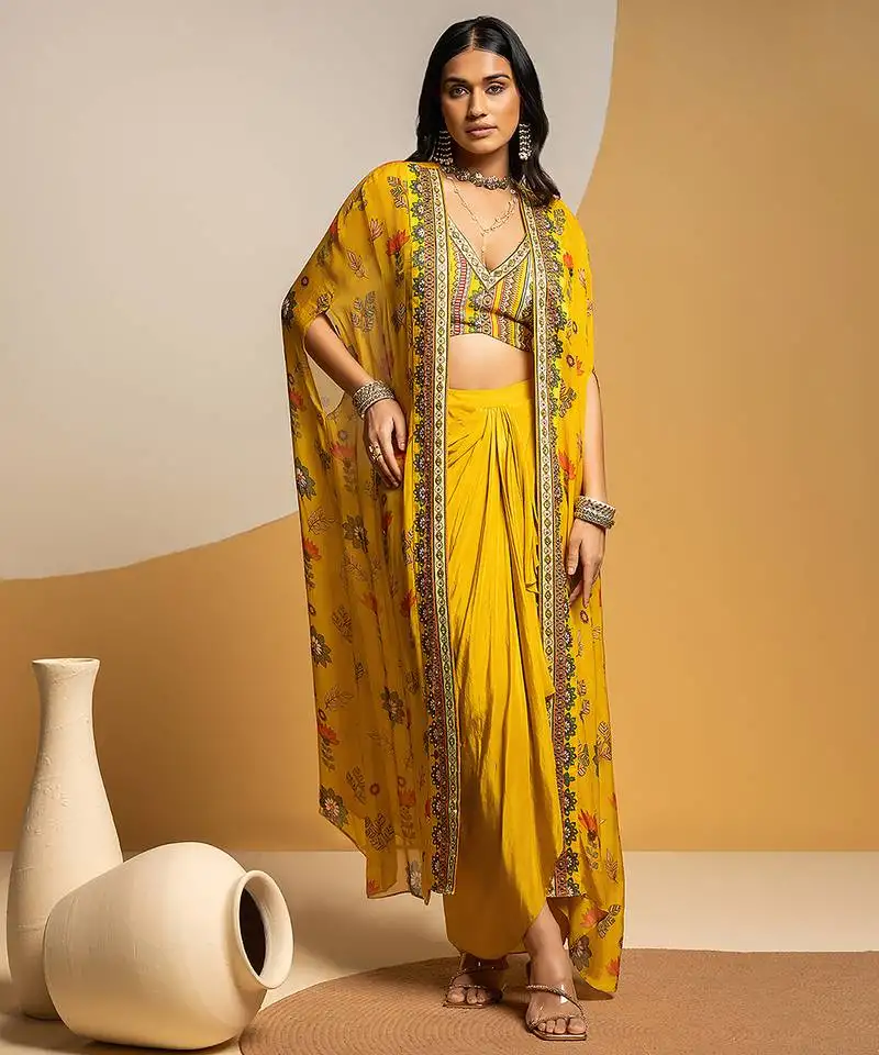 Yellow floral printed silk co ord set with cape