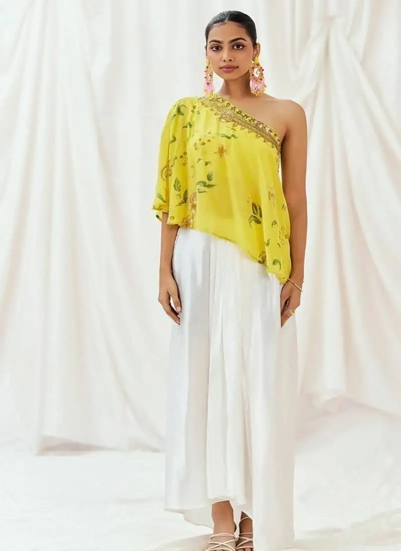 Yellow printed crepe co ord set