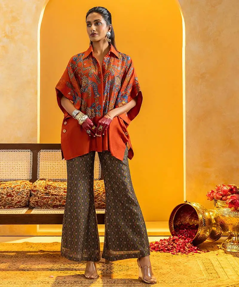 Rust floral printed chanderi co ord set