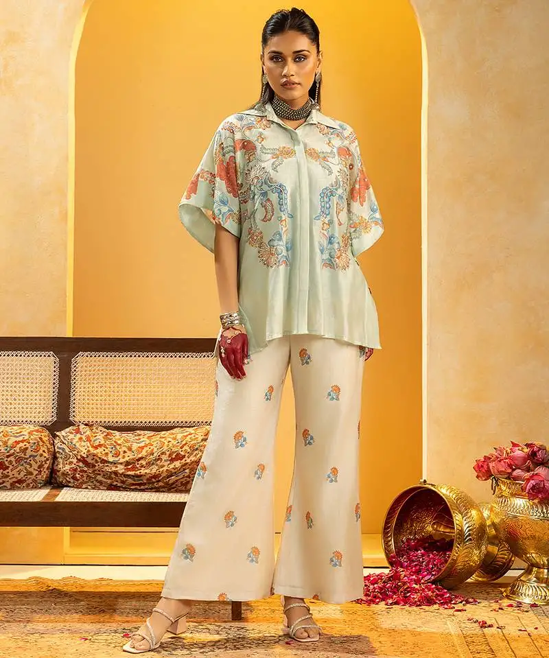 Blue floral printed chanderi co ord set