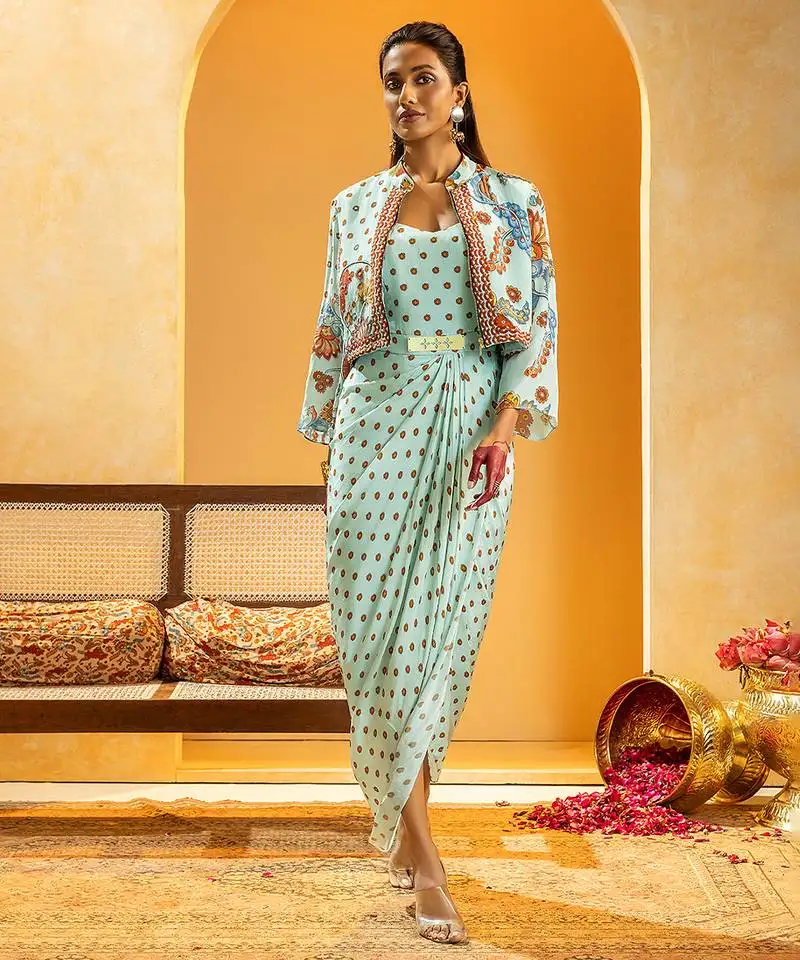 Blue floral printed crepe dress with jacket