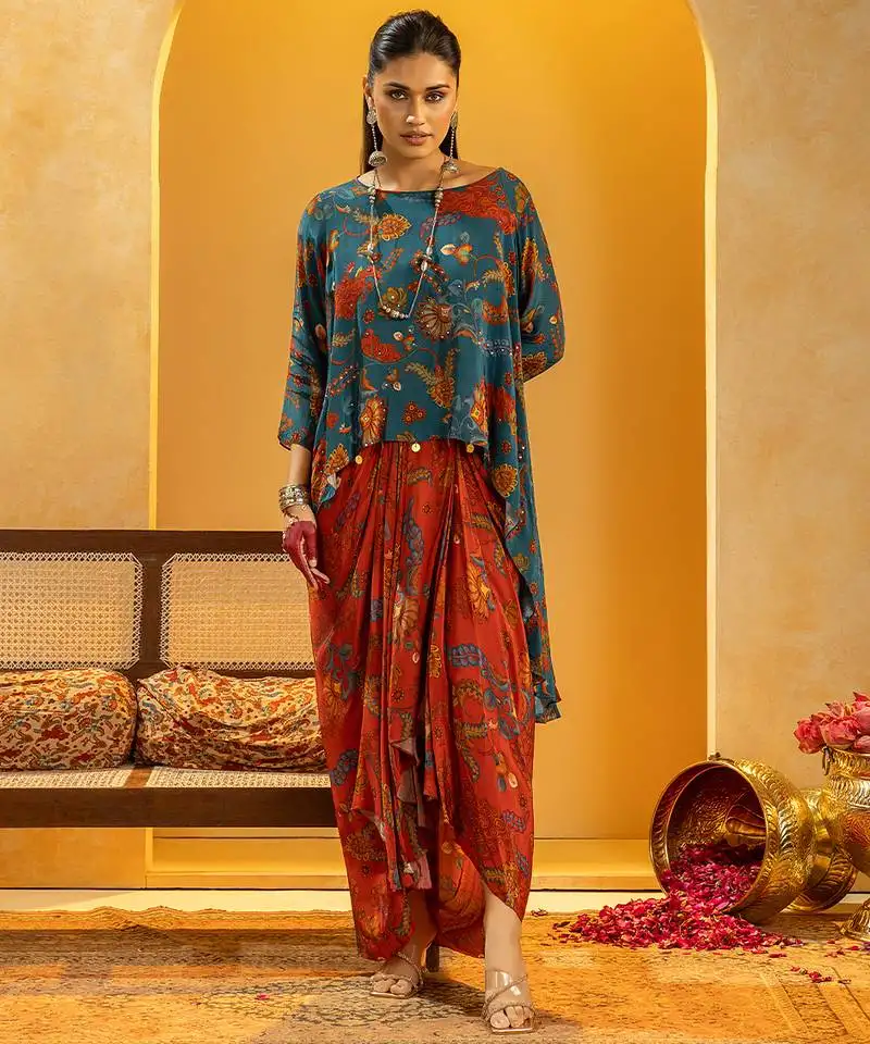 Blue floral printed crepe co ord set