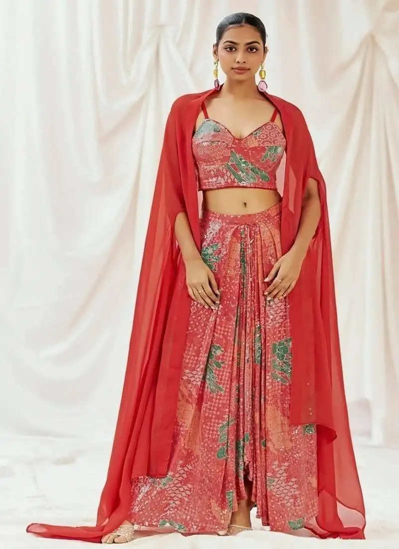Red floral printed organza cape set