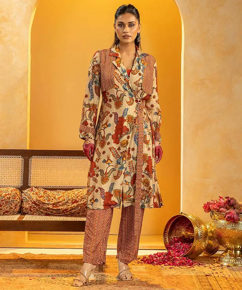 Multicolor floral printed silk kurta set