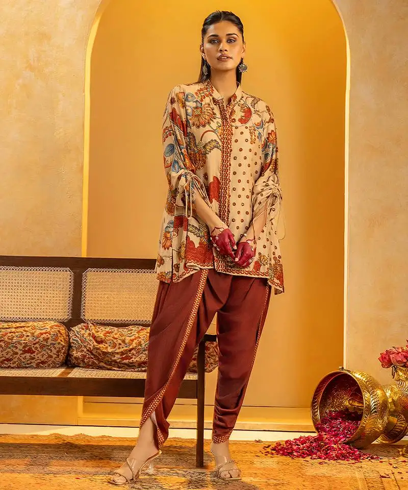 Beige floral printed silk kurta set