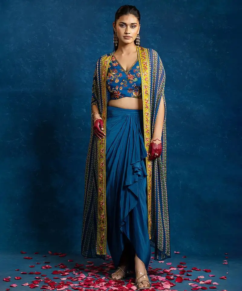 Blue floral printed crepe co ord set with cape