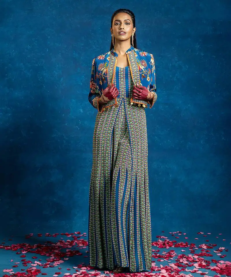 Blue floral printed crepe jumpsuit with jacket