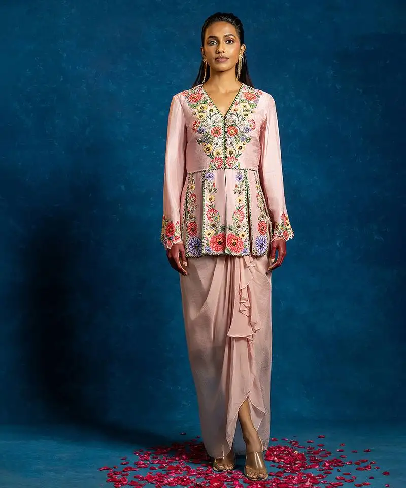 Pink embroidered silk co ord set