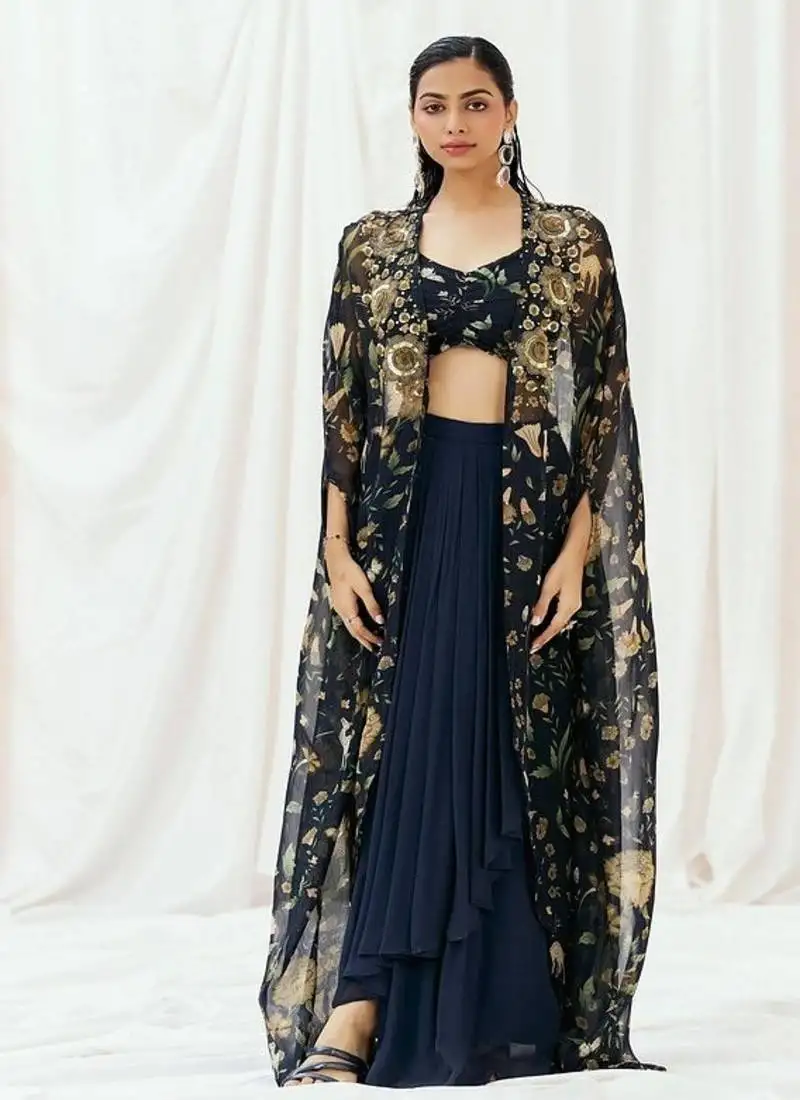 Navy blue floral printed organza cape set