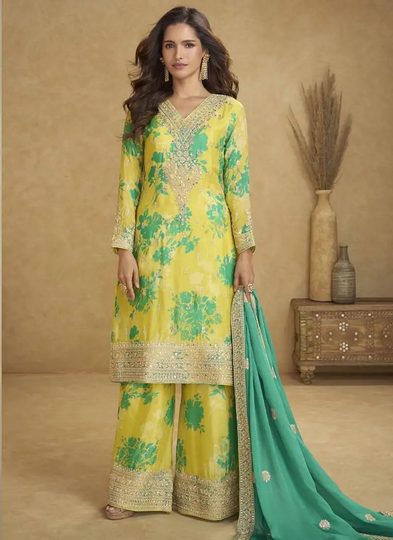 Light yellow chinon silk digital print palazzo suit stitched