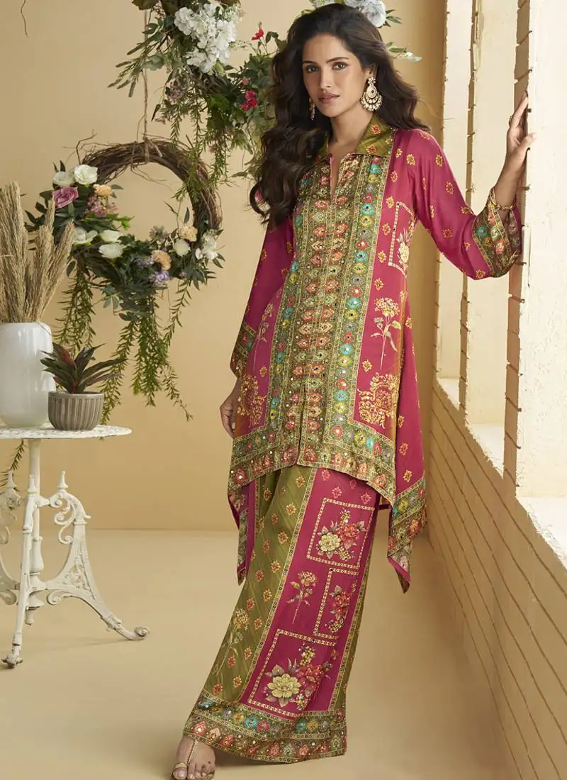 Pink crepe silk emblissed mirror work designer cord set stitched