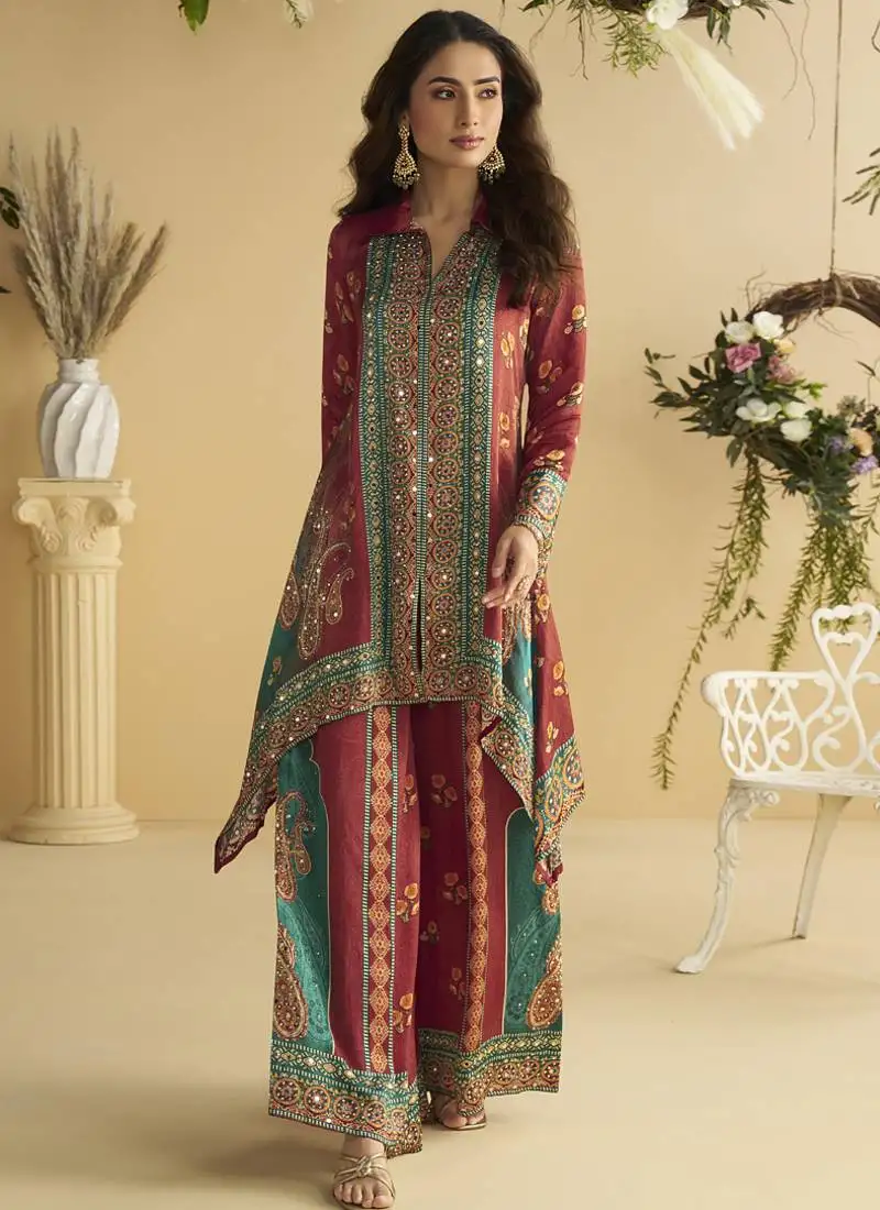 Maroon crepe silk emblissed mirror work designer cord set stitched