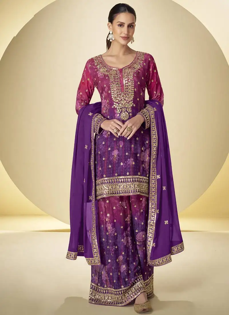 Violet chinon silk digital print palazzo suit stitched