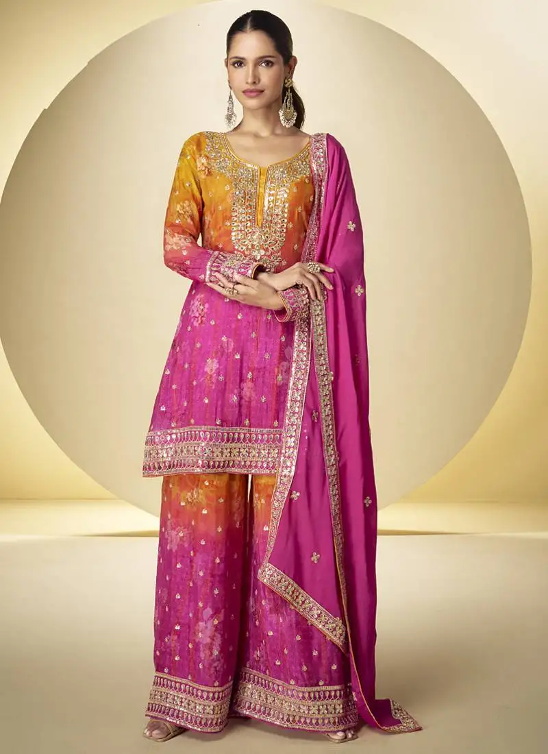 Pink chinon silk digital print palazzo suit stitched