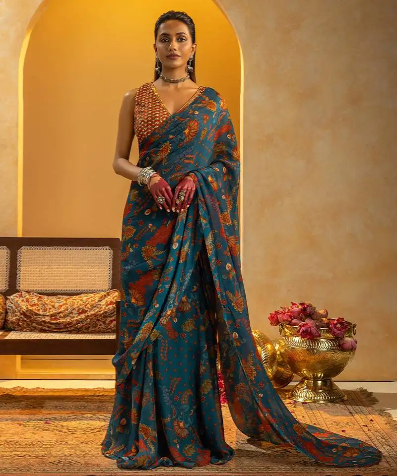 Blue floral printed organza saree