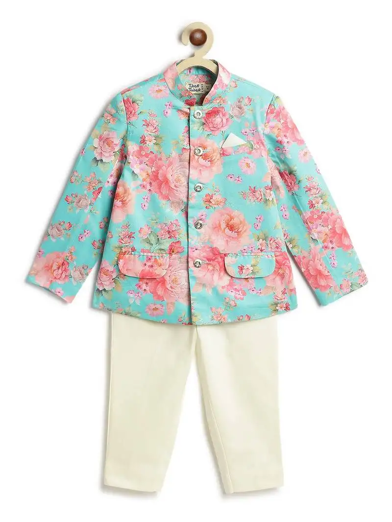 Cream floral printed viscose bandhgala set