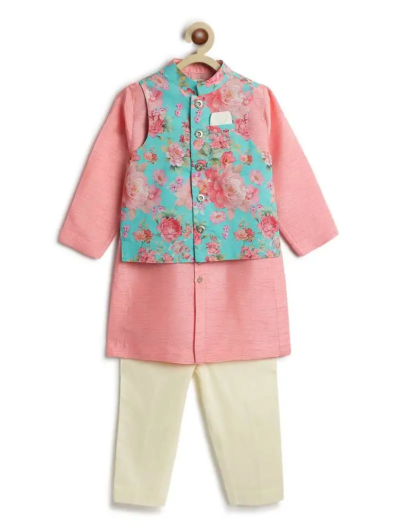 Blue floral printed viscose nehru jacket with pink kurta set