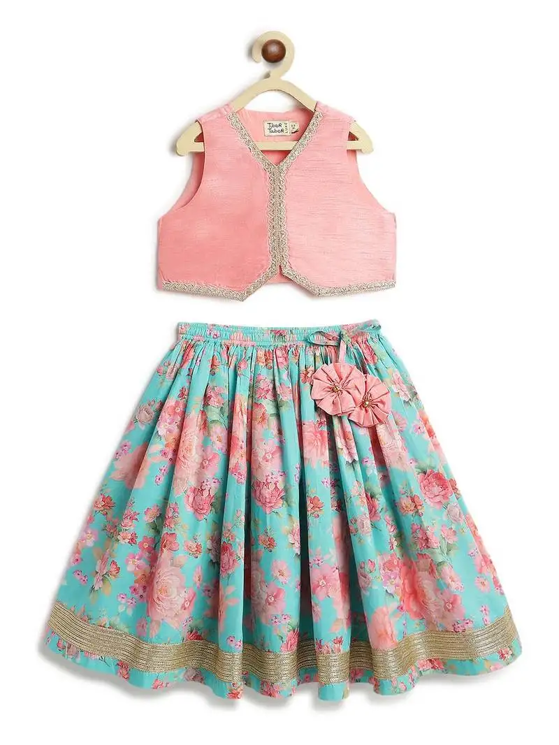 Pink & blue floral printed cotton lehenga set