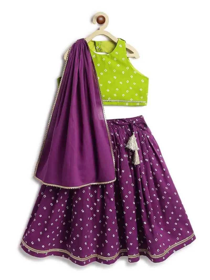 Green & purple floral printed cotton lehenga set