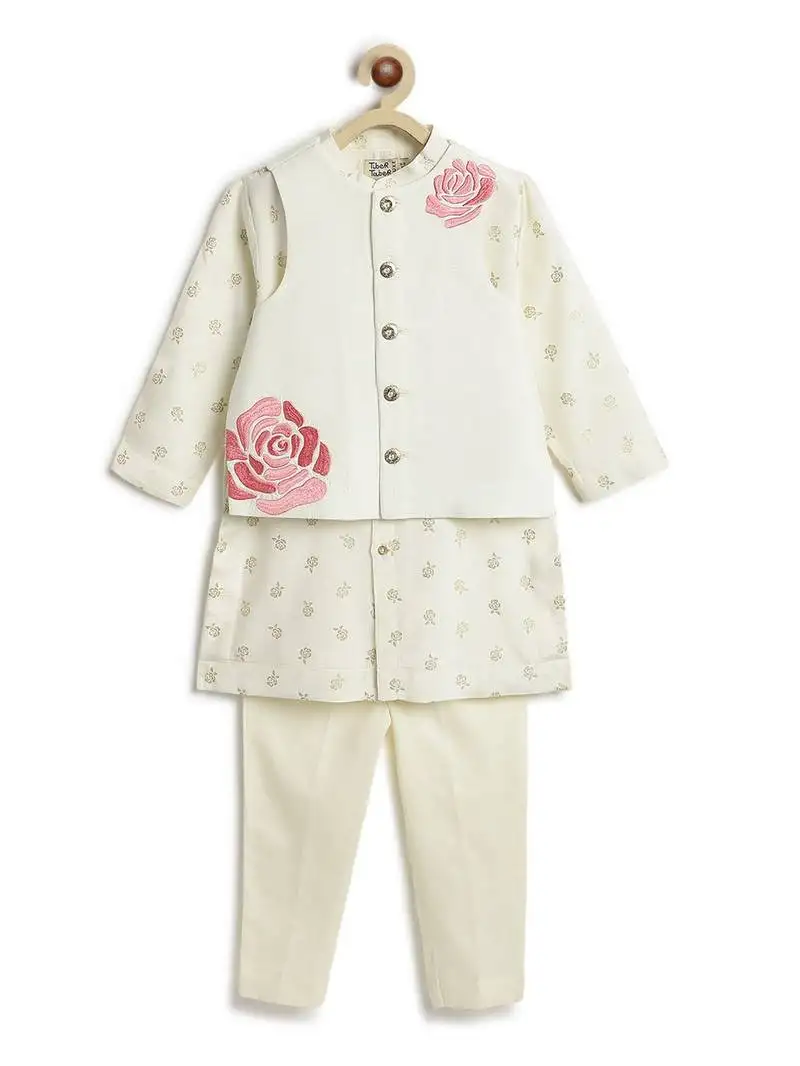Cream floral printed viscose nehru jacket set