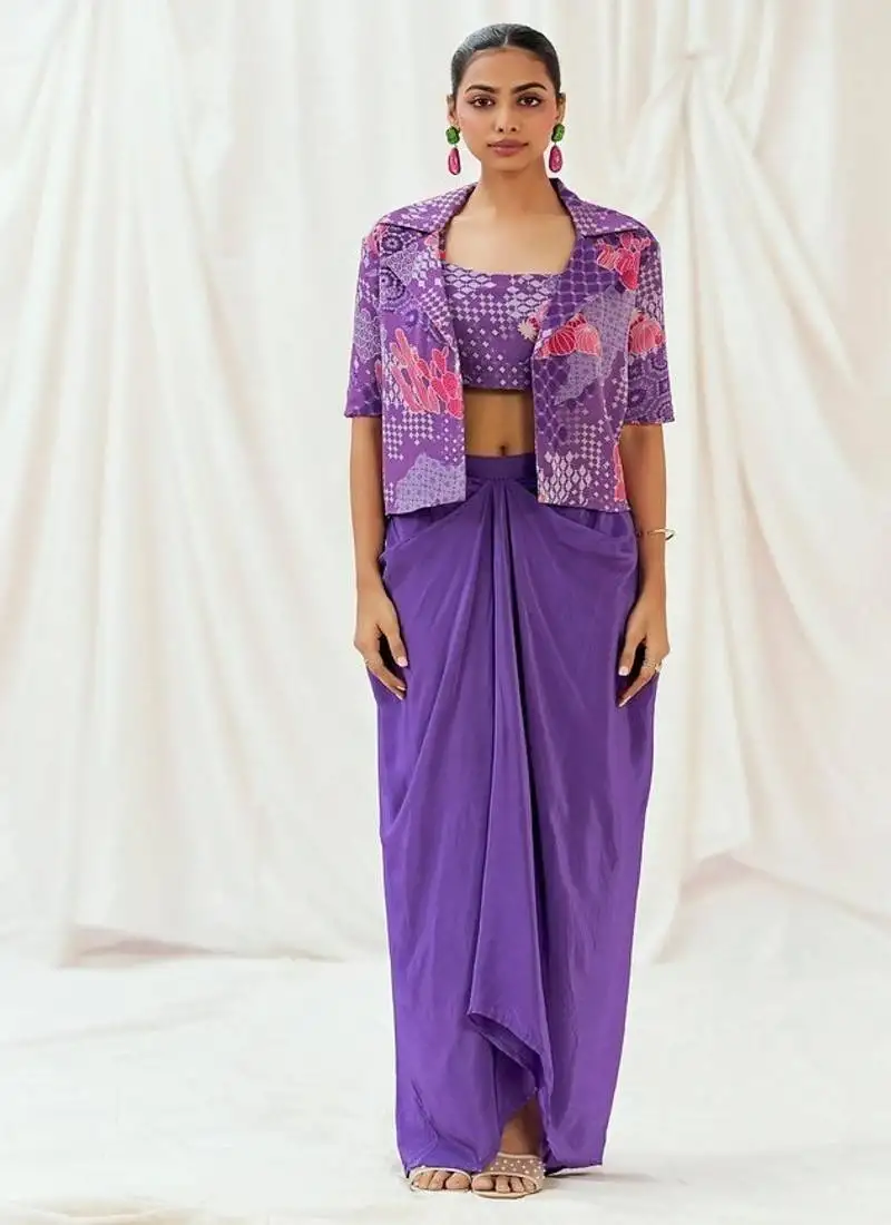 Violet floral printed georgette jacket set