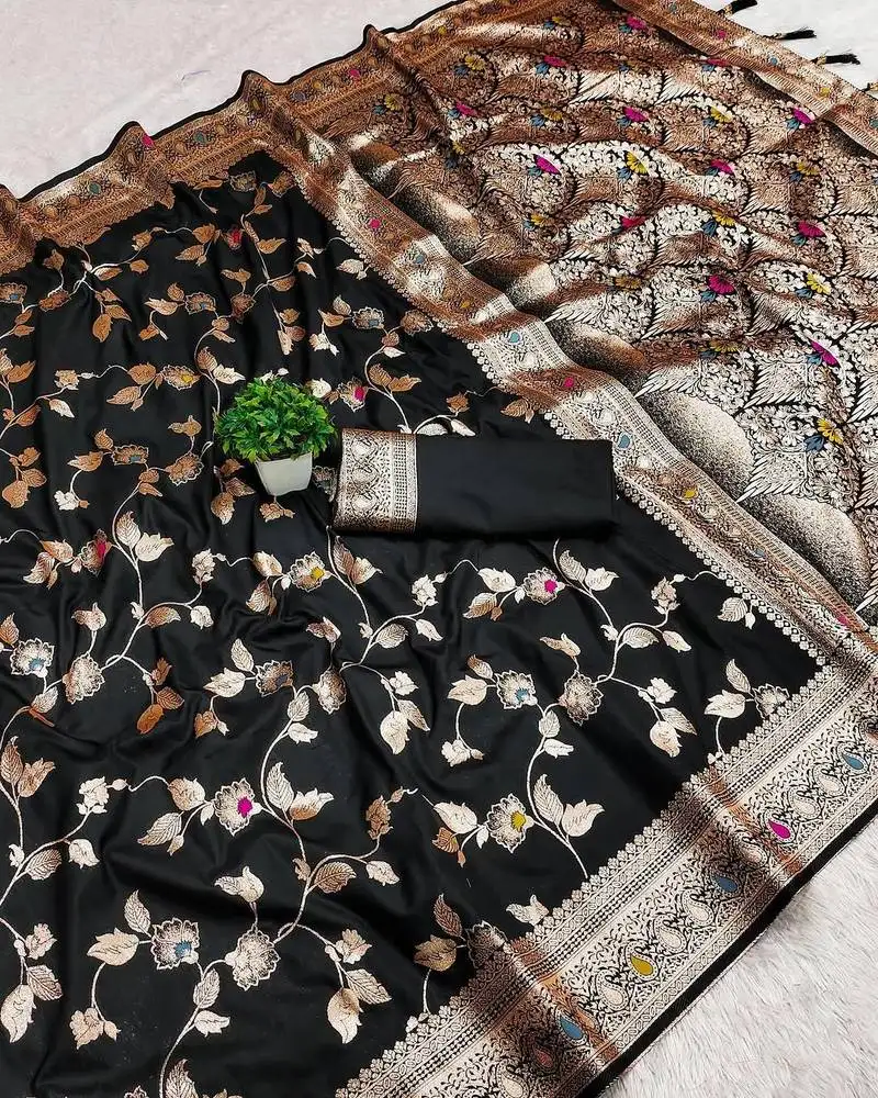 Black zari woven art silk saree with blouse