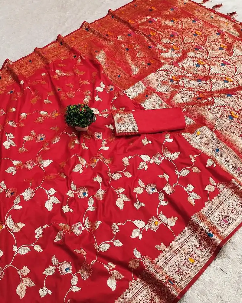 Red zari woven art silk saree with blouse