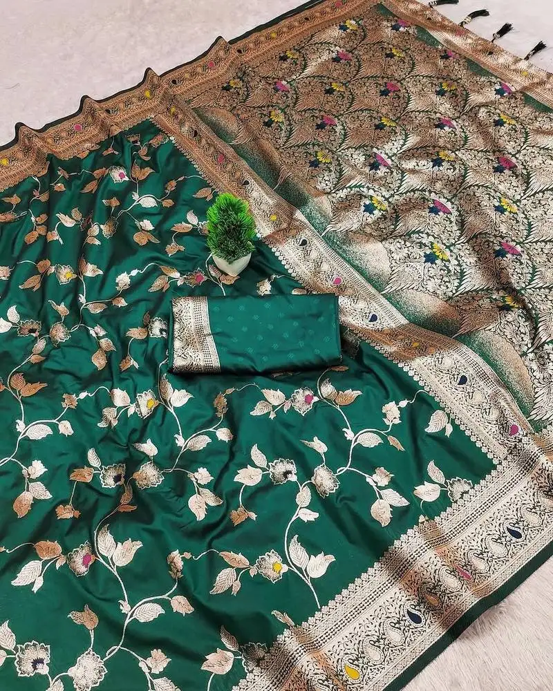 Dark green zari woven art silk saree with blouse