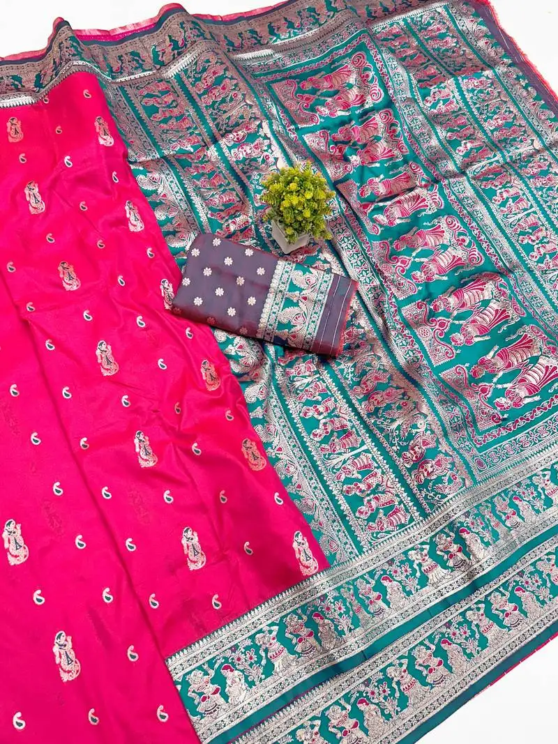 Pink zari woven art silk baluchari saree with blouse