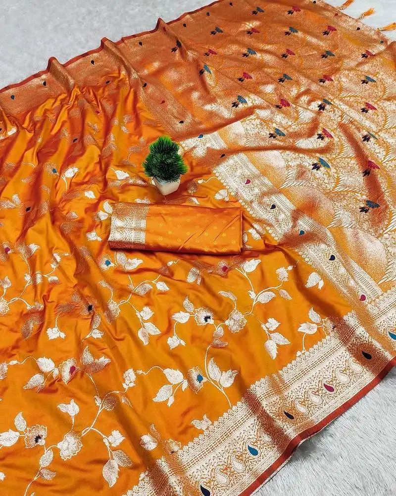 Mustard zari woven art silk saree with blouse
