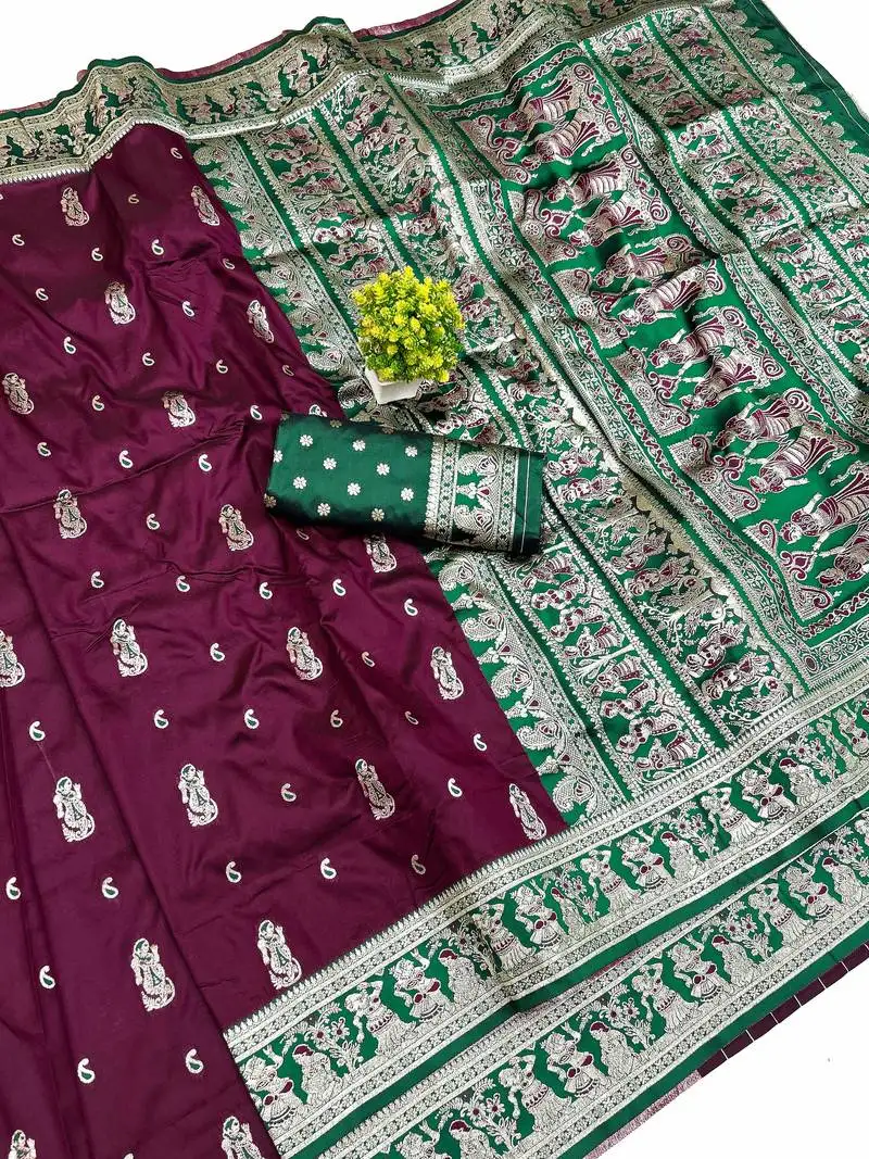 Wine zari woven art silk baluchari saree with blouse