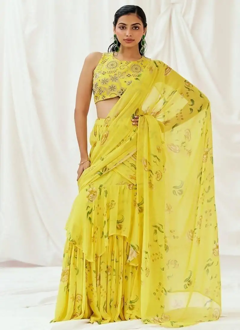 Yellow floral printed georgette saree