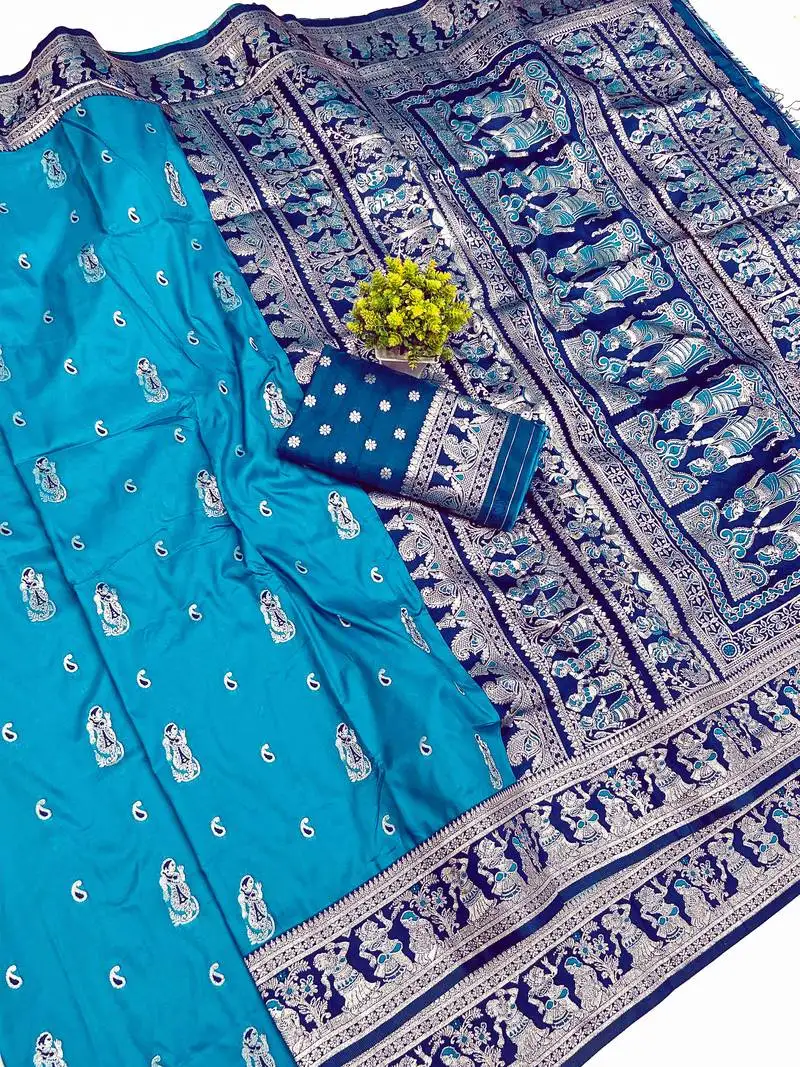 Blue zari woven art silk baluchari saree with blouse