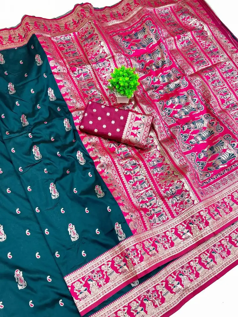 Firozi zari woven art silk baluchari saree with blouse