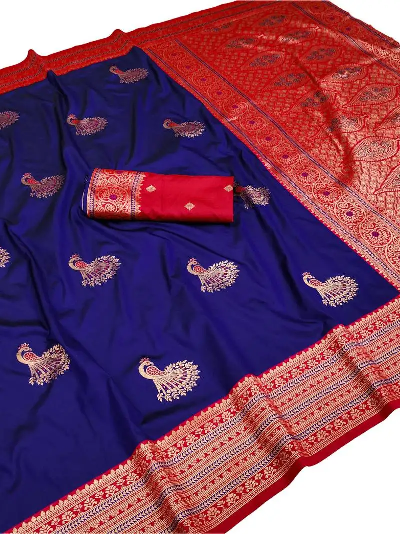Navy blue zari woven art silk saree with blouse