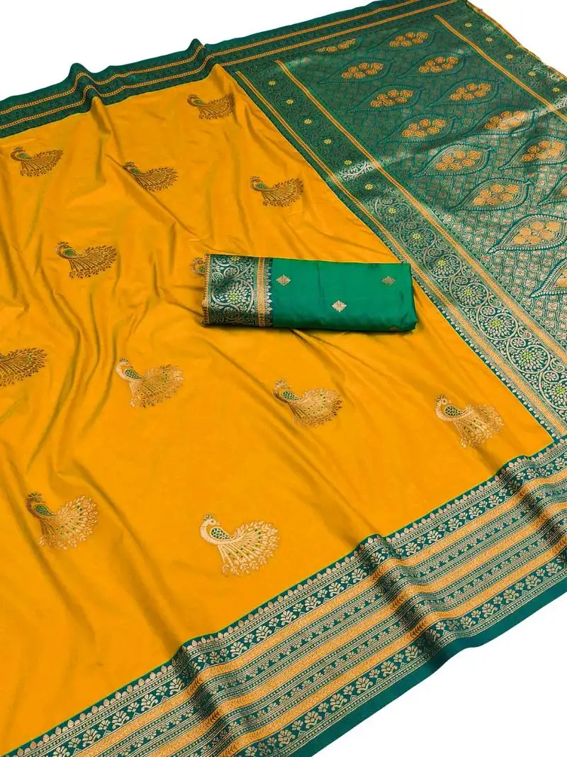 Yellow zari woven art silk saree with blouse