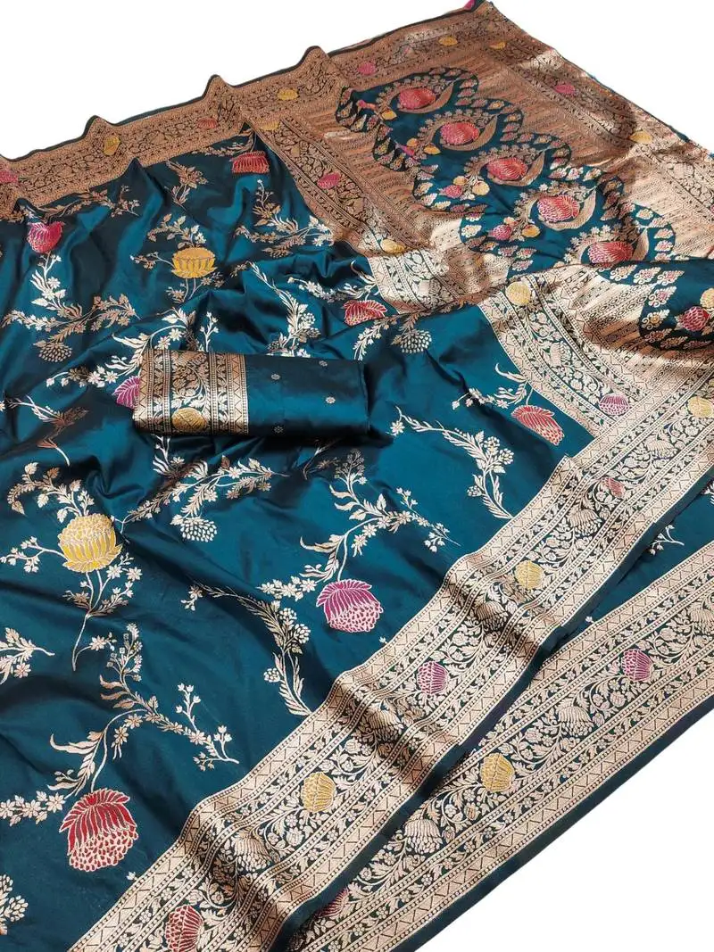 Blue art silk zari woven saree with blouse