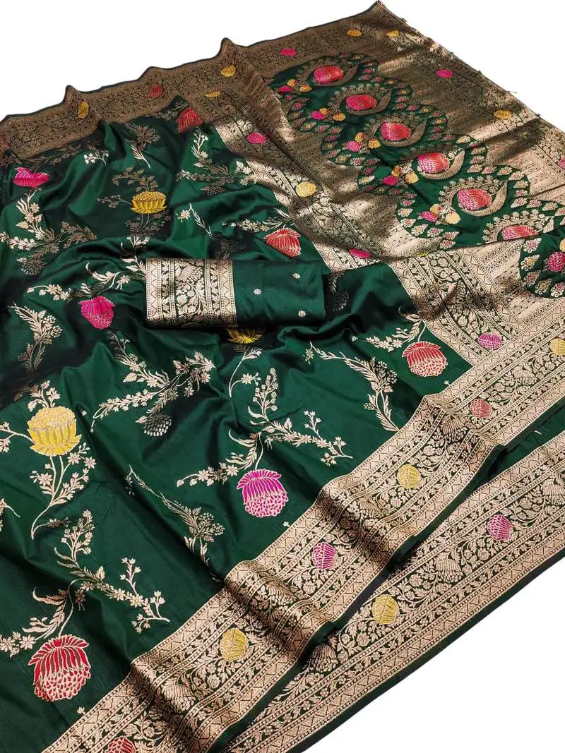Dark green art silk zari woven saree with blouse