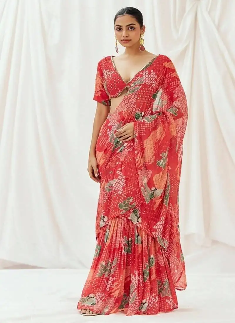 Red floral printed georgette saree
