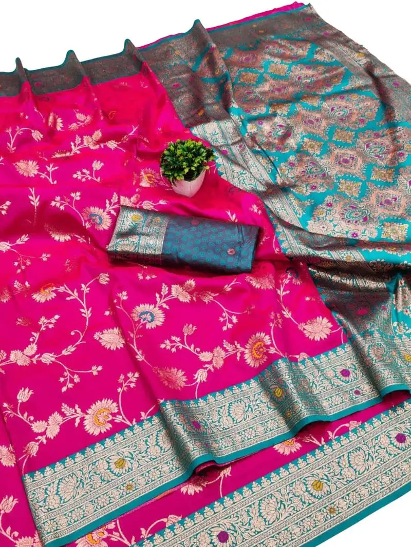 Pink art silk zari woven saree with blouse