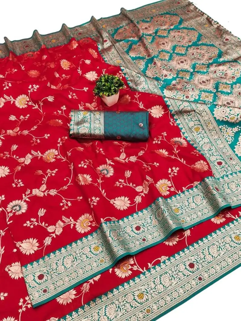 Red art silk zari woven saree with blouse