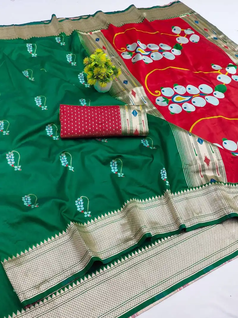 Green zari woven art silk saree with blouse