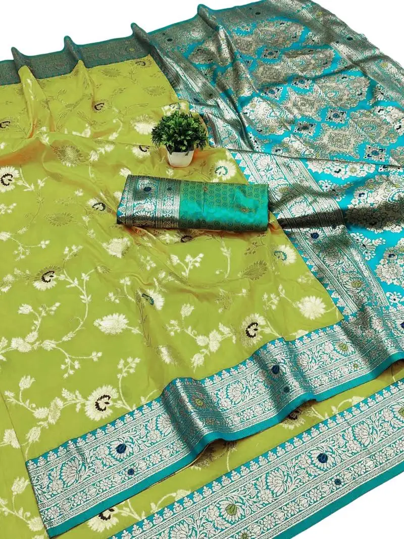 Lime green art silk zari woven saree with blouse