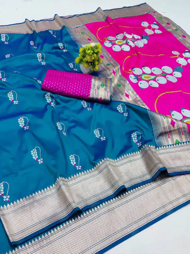 Blue zari woven art silk saree with blouse