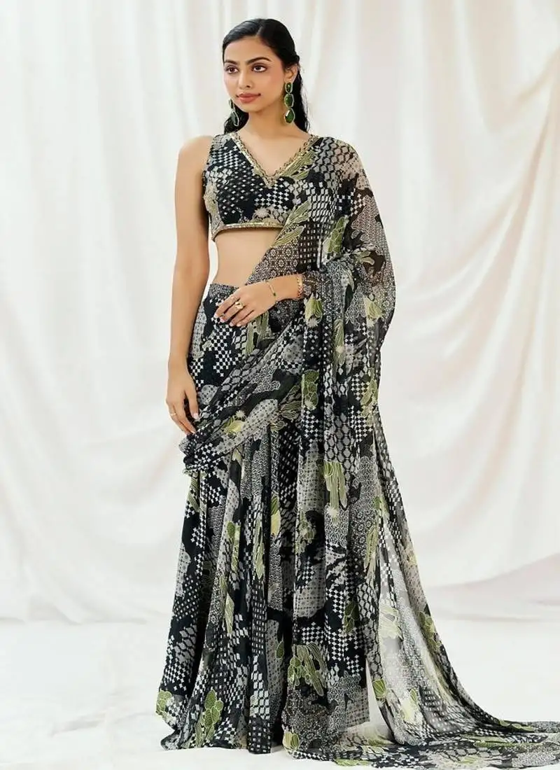 Black printed georgette saree