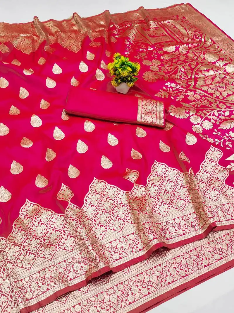 Rani pink art silk zari woven saree with blouse